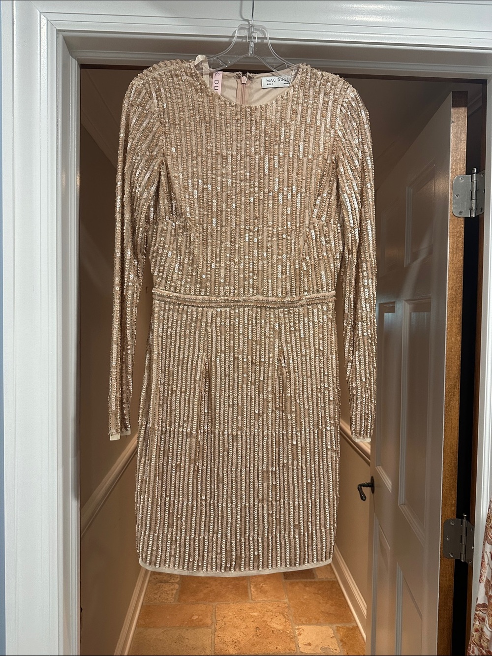 Mac Duggal Champagne Sequin Long-Sleeve Sheath Dress
